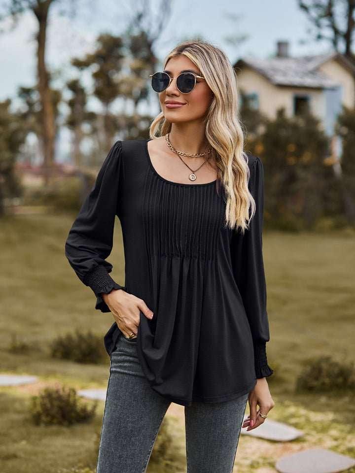 Puff Sleeve Pleated Blouse - VILLA FASHION